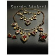 Комплект бижутерии : браслет, серьги, колье, нержавеющая сталь, искусственный камень, красный Sergio Meloni