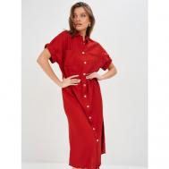 Платье-рубашка , лен, прямой силуэт, макси, карманы, размер XL, красный Sansa