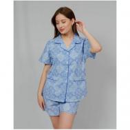 Пижама , шорты, рубашка, короткий рукав, пояс на резинке, размер M, синий Nuage.moscow
