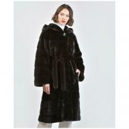 Пальто , норка, силуэт прямой, капюшон, пояс/ремень, размер 42, черный Mala Mati