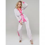 Пижама , брюки, рубашка, длинный рукав, пояс на резинке, без карманов, пояс, размер 44, серый, розовый ALZA