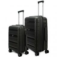 Умный чемодан , 2 шт., полипропилен, увеличение объема, водонепроницаемый, рифленая поверхность, опорные ножки на боковой стенке, 80 л, размер S/M, черный Ambassador