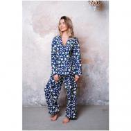 Пижама , рубашка, брюки, пояс на резинке, карманы, размер 44, синий, мультиколор Amelia Eden