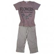 Пижама , футболка, бриджи, короткий рукав, карманы, пояс на резинке, размер 44-46, фиолетовый Без бренда