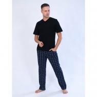 Пижама , брюки, футболка, карманы, пояс на резинке, трикотажная, размер 52, голубой, черный Ihomelux