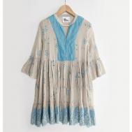 Платье , хлопок, в стиле бохо, свободный силуэт, размер L, бежевый, голубой Peace and love by Calao