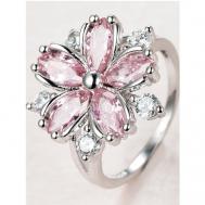Кольцо помолвочное, бижутерный сплав, серебрение, фианит, циркон, размер 18, розовый, фиолетовый Бижутик