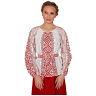 Блуза  , повседневный стиль, прямой силуэт, длинный рукав, пояс/ремень, разрез, размер 44, белый, красный Славянские узоры