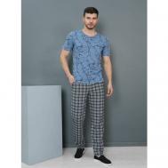 Комплект , брюки, футболка, карманы, пояс на резинке, трикотажная, размер 60, синий, серый lovetex.store