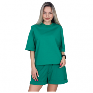 Костюм , футболка и шорты, повседневный стиль, оверсайз, карманы, трикотажный, пояс на резинке, размер 54, зеленый Elena Tex