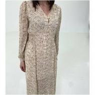Платье шифон, полуприлегающее, миди, пояс на резинке, подкладка, размер 42/44, золотой, бежевый blouson_dress