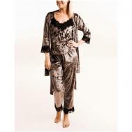 Пижама , майка, халат, брюки, укороченный рукав, размер L 46, коричневый Без бренда
