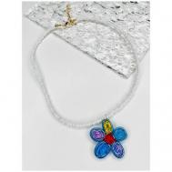 Бижутерия женская, детская. Ожерелье на шею. Белое Ожерелье из бисера с подвеской цветок. Короткие бусы с синим цветком AcFox
