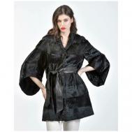 Пальто , каракуль, силуэт трапеция, пояс/ремень, размер 42, черный JUN