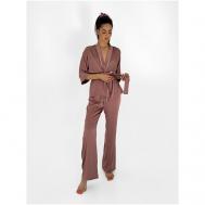 Комплект , брюки, жакет, укороченный рукав, пояс, размер 46-48, розовый, коричневый Bright Fame
