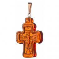 Золотой резной крест из натурального красного янтаря "Спаси и сохрани" Амберпрофи