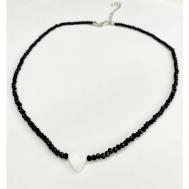 Колье на шею женское с подвеской сердце / кулон сердце сердечко с перламутром, короткое черное ожерелье / подарок для любимой AcFox