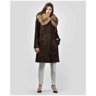 Пальто , каракуль, силуэт прилегающий, пояс/ремень, размер 44, коричневый Langiotti