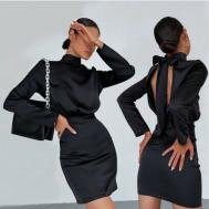 Платье-футляр атлас, прилегающее, мини, открытая спина, размер 44/M, черный Bestseller