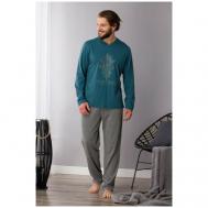 Пижама , джемпер, брюки, карманы, пояс на резинке, трикотажная, размер XL, зеленый, серый Key