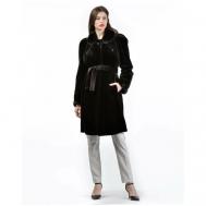 Пальто , норка, силуэт прилегающий, пояс/ремень, размер 44, черный Rindi