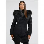 Куртка  , демисезон/зима, удлиненная, силуэт прилегающий, ветрозащитная, водонепроницаемая, капюшон, отделка мехом, размер S, черный Guess