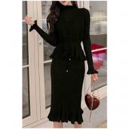 Платье-свитер хлопок, повседневное, классическое, прилегающее, до колена, вязаное, утепленное, размер 44/46, черный BGT
