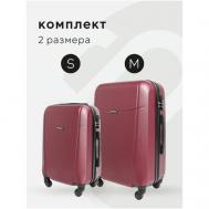 Комплект чемоданов , 2 шт., ABS-пластик, опорные ножки на боковой стенке, 91 л, размер M, бордовый Bonle