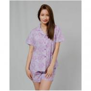 Пижама , шорты, рубашка, короткий рукав, пояс на резинке, размер XXL, фиолетовый Nuage.moscow