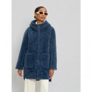 Пальто , искусственный мех, укороченное, силуэт свободный, карманы, капюшон, размер 48, синий ELECTRASTYLE