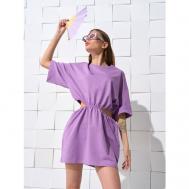 Платье-футболка , хлопок, повседневное, свободный силуэт, мини, пояс на резинке, размер 46, фиолетовый Liza Volkova