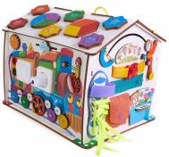 Деревянная игрушка  Бизиборд домик Знайка Смайлики на паровозике со светом 36х29х29 см Evotoys