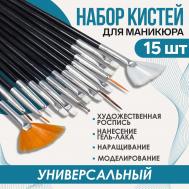 Набор кистей для наращивания и дизайна ногтей, 15 шт, 19 см, цвет черный Queen fair