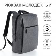 Рюкзак мужской на молнии, 2 наружных кармана, с usb, цвет серый NO BRAND