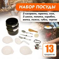 Набор туристической посуды : 2 кастрюли, приборы, горелка, 3 миски, лопатка, карабин Maclay