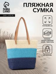 Сумка пляжная на молнии, на подкладке, бежевая/голубая/синяя NO BRAND