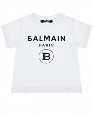 Белая футболка с черным логотипом Balmain
