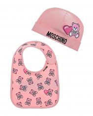 Розовый комплект: шапка и слюнявчик Moschino