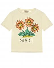 Кремовая футболка с принтом &quot;подсолнухи&quot; Gucci