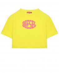 Укороченная футболка с розовым лого, желтая Diesel