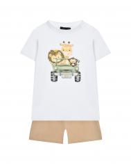 Комплект детский бермуды + футболка с принтом машина со зверями Monnalisa