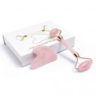 Массажер для лица, ролик и скребок Гуаша из натурального розового кварца в подарочной упаковке Lichi