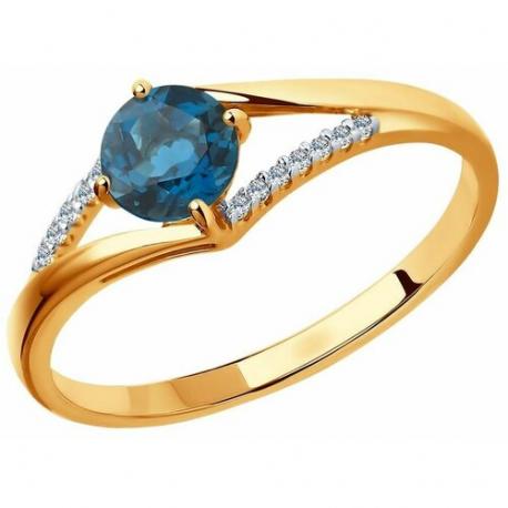 Кольцо , красное золото, 585 проба, родирование, топаз, фианит, размер 17.5, голубой, бесцветный Sokolov