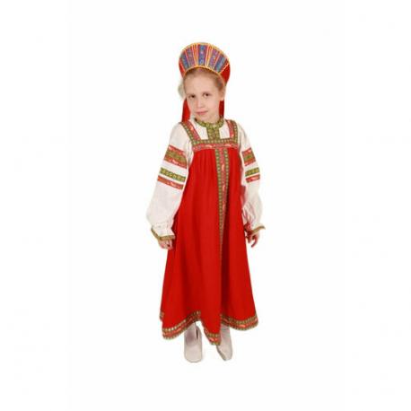 Русский народный национальный сарафан с кокошником для девочки русско карнавальный костюм детский красный из хлопка Русский Сарафан