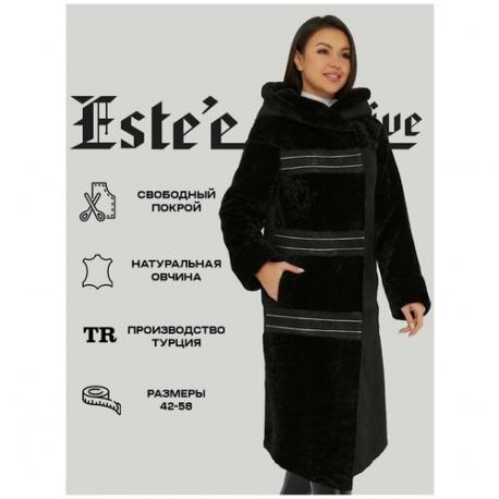 Дубленка классическая , овчина, удлиненная, силуэт прямой, капюшон, размер 46, черный Este'e exclusive Fur&Leather