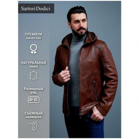 Кожаная куртка  демисезонная, силуэт прямой, капюшон, размер 2XL, коричневый Sartori Dodici
