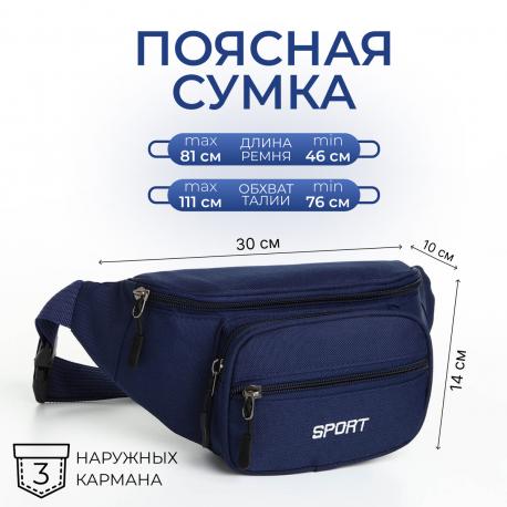 Сумка поясная на молнии, 2 наружных кармана, цвет синий NO BRAND